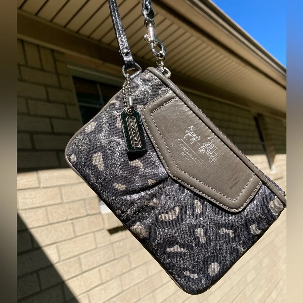 Coach Metallic Silver Glitter Sparkle Leopard Print Zipper Pouch Wristlet Wallet